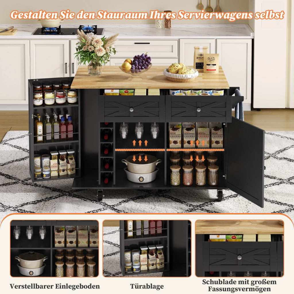 CARRELLO CUCINA con piano ribaltabile 120 x 45(70) x 89 cm in MDF nero