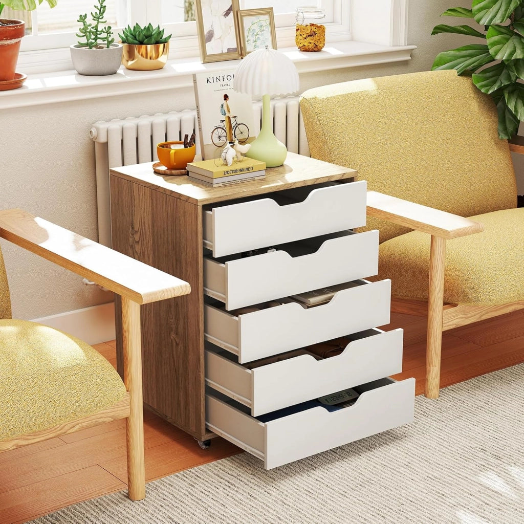 Cassetto da scrivania mobile con 5 cassetti da ufficio, mobile da ufficio, organizer con ruote, supporto per stampante per cartelle, documenti, documenti, carta, 48 x 39,5 x 69,5 cm (Naturale)