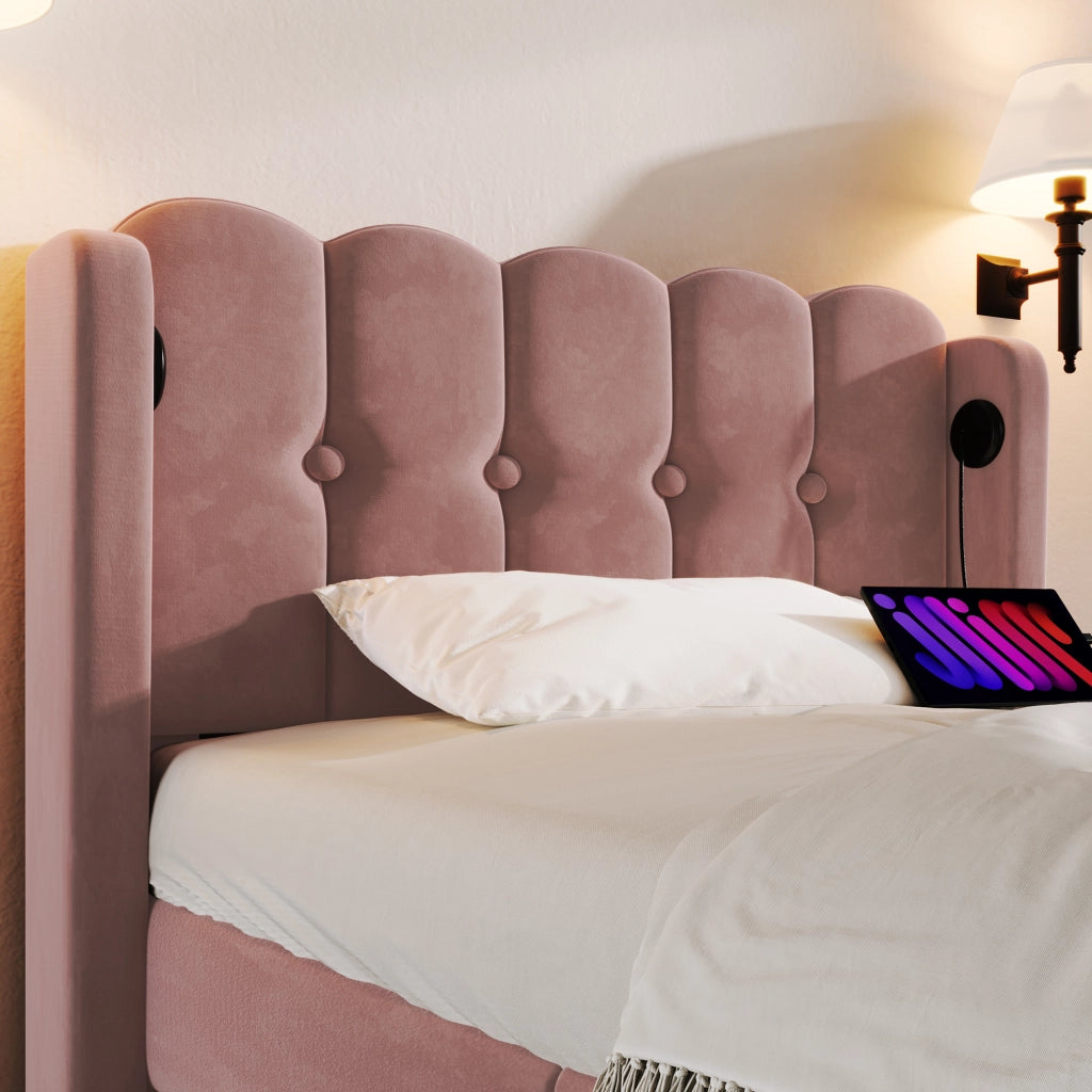 LETTO imbottito 90x200 cm in velluto rosa con porta USB Tipo C