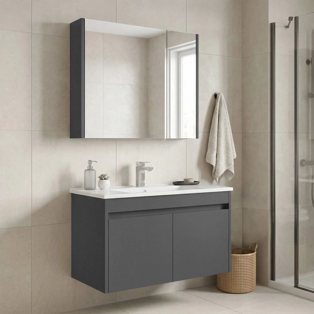 Set mobile lavabo con specchio (2 pezzi) "Arno 85" - 85 x 45 x 52 cm - Grigio