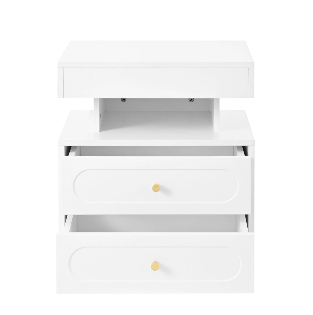 Comodino con LED, 2 cassetti e vano aperto, Bianco, 100x40x60 cm