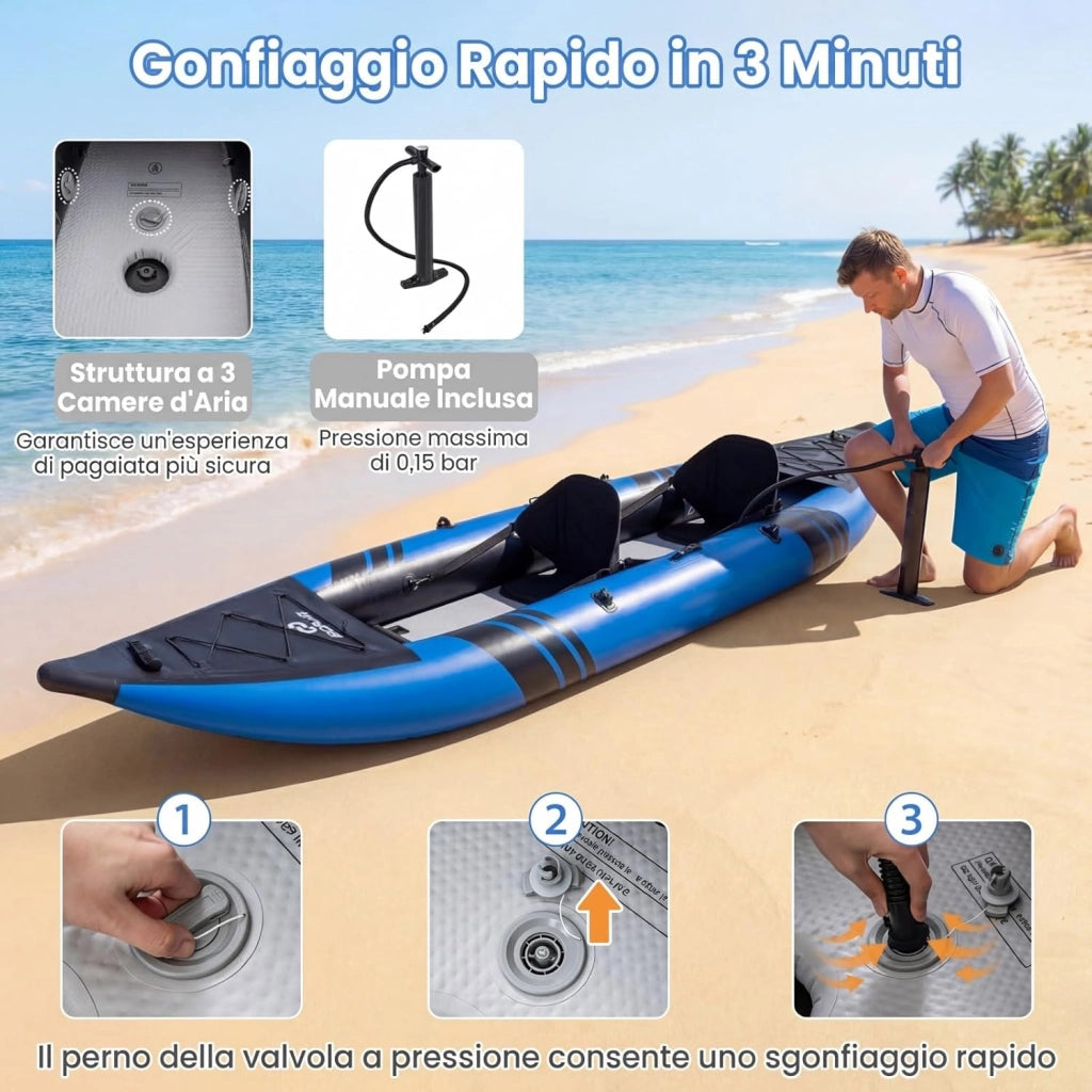 Kayak Gonfiabile 2 Posti, Kayak da Pesca Gonfiabile e Portatile 381 cm con 2 Sedili Imbottiti e Poggiapiedi Regolabili, Remi in Alluminio, Pompa a Mano, Ideale per Lago e Mare