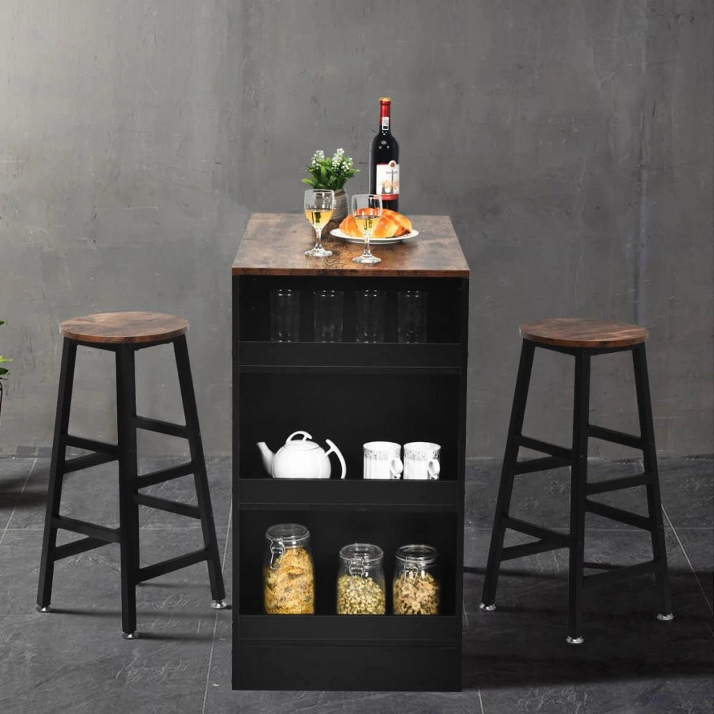 Set Tavolo e 2 Sgabelli, Set Mobili da Bar, 3 Pezzi Set da Pranzo, in Stile Industriale, Tavolo con 3 Ripiani di Stoccaggio, Sgabello con Poggiapiedi di Diverse Altezze, Struttura Metallica