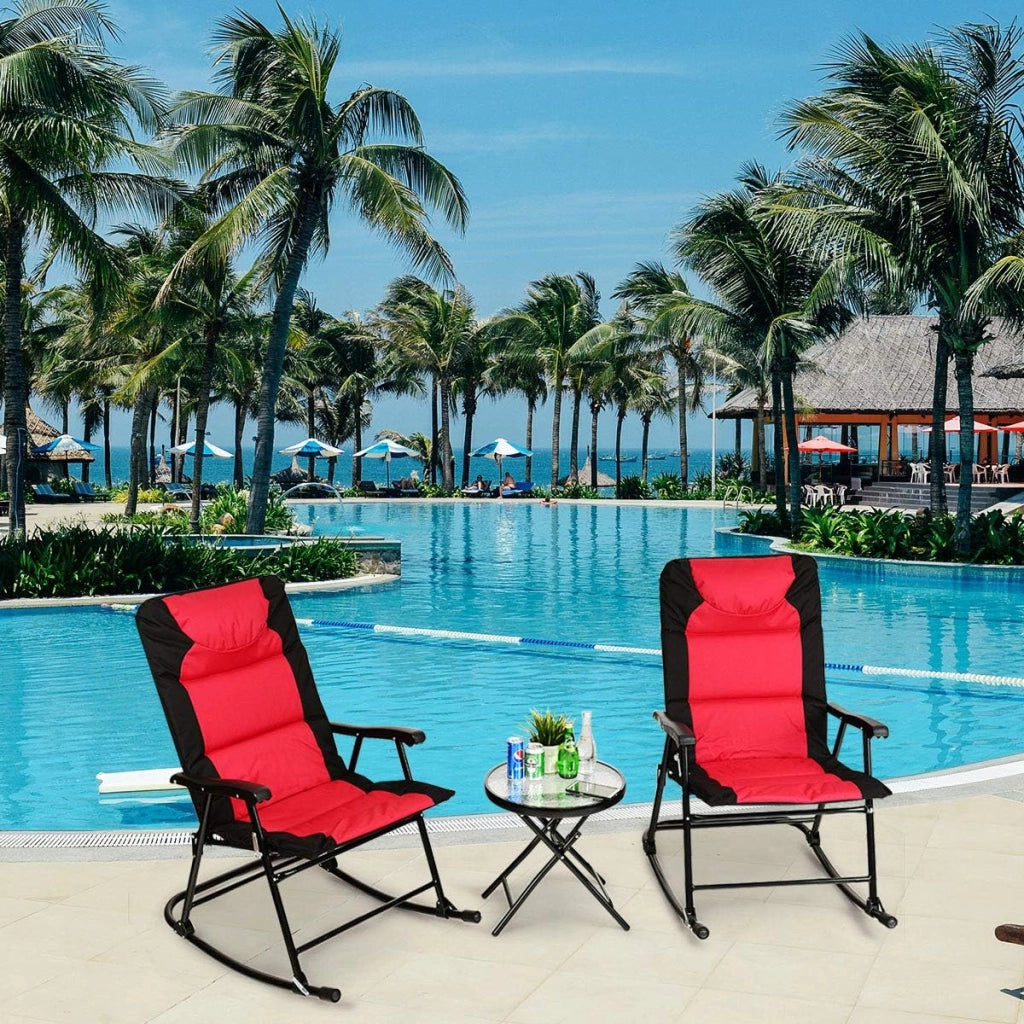Set di 3 sedie a dondolo, pieghevoli, da balcone, con 1 tavolino e 2 sedie a dondolo, da giardino, per esterni, balcone, set per 2 persone, per balcone, giardino (rosso)