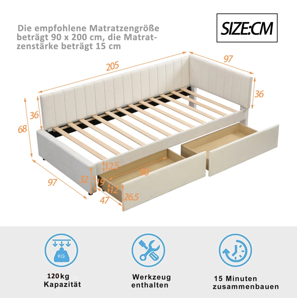 Letto imbottito 90x200 cm con 2 cassetti e rete a doghe beige