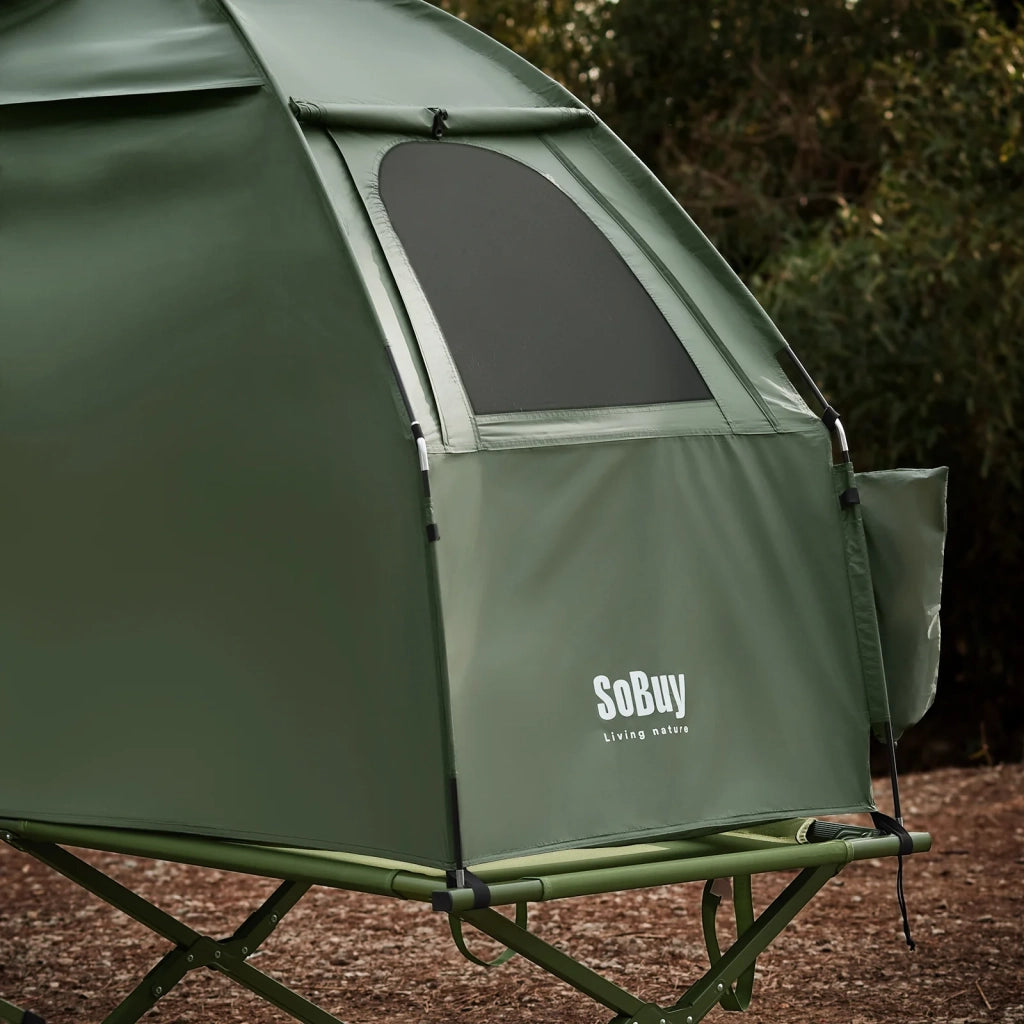 SoBuy Lettino da campeggio Brandina da campeggio Tenda da esterno con gancio per lampada e tasche porta scarpe Tenda 3 in 1 per 1 persona Pratica 193x86x160 cm OGS32-II-GR