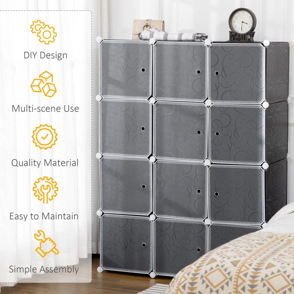 Armadio modulare aperto con 2 barre appendiabiti e 11 vani, per la casa, in plastica, nero, 111 × 47 × 145 cm