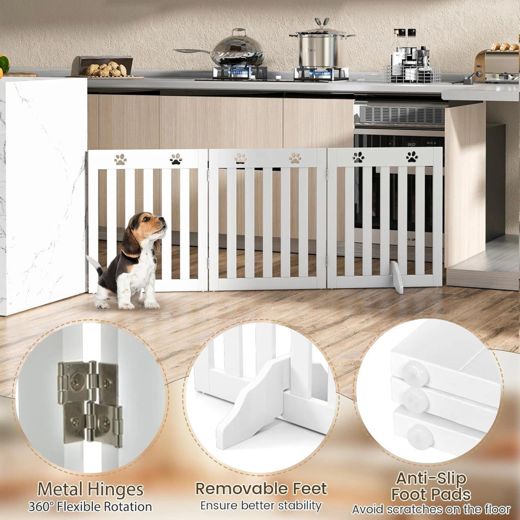 Cancelletto per Cani Pieghevoli 150 x 60 cm, Barriera per Cani in Legno a 3 Pannelli con Piedini Stabili, Recinzione per Scale, Ingressi e Corridoi (Bianco)