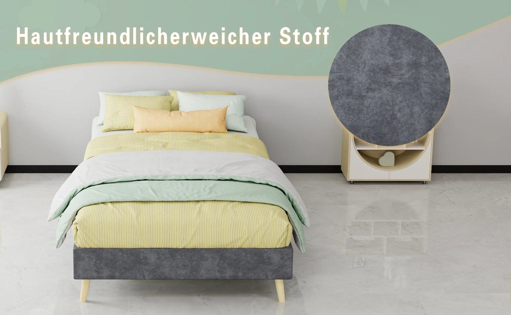 Letto moderno minimalista 90x200 cm, grigio, velluto a coste, base bassa. Esclusi testiera, materasso e sollevamento a gas.
