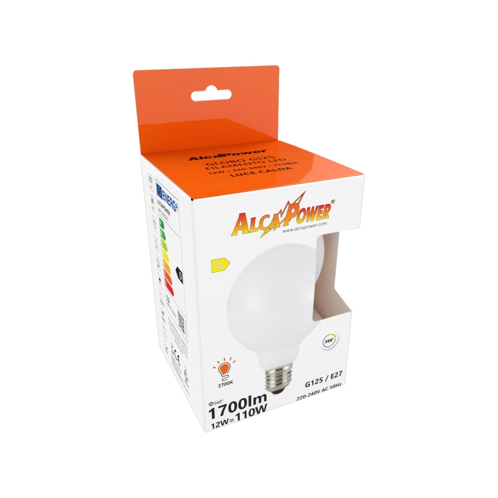 Alcapower Lampadina LED Globo G125 Filamento Vetro Bianco 12W 1700lm 2700K E27 230V, Efficienza Energetica Classe D, Angolo Fascio 360°