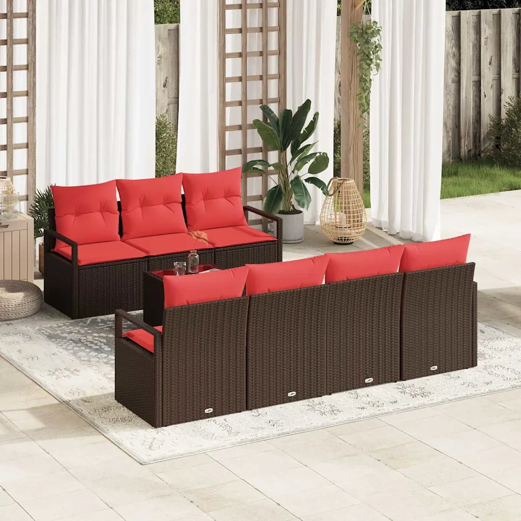 Set di divani con cuscino 8 pcs Marrone e Rosso polyrattan