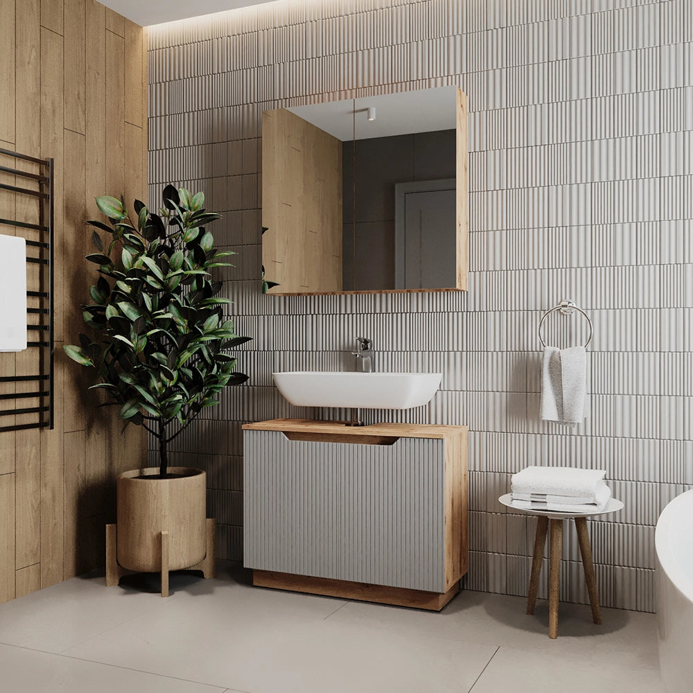 Vicco Set di mobili da bagno Rovere/grigio a righe 2 parti