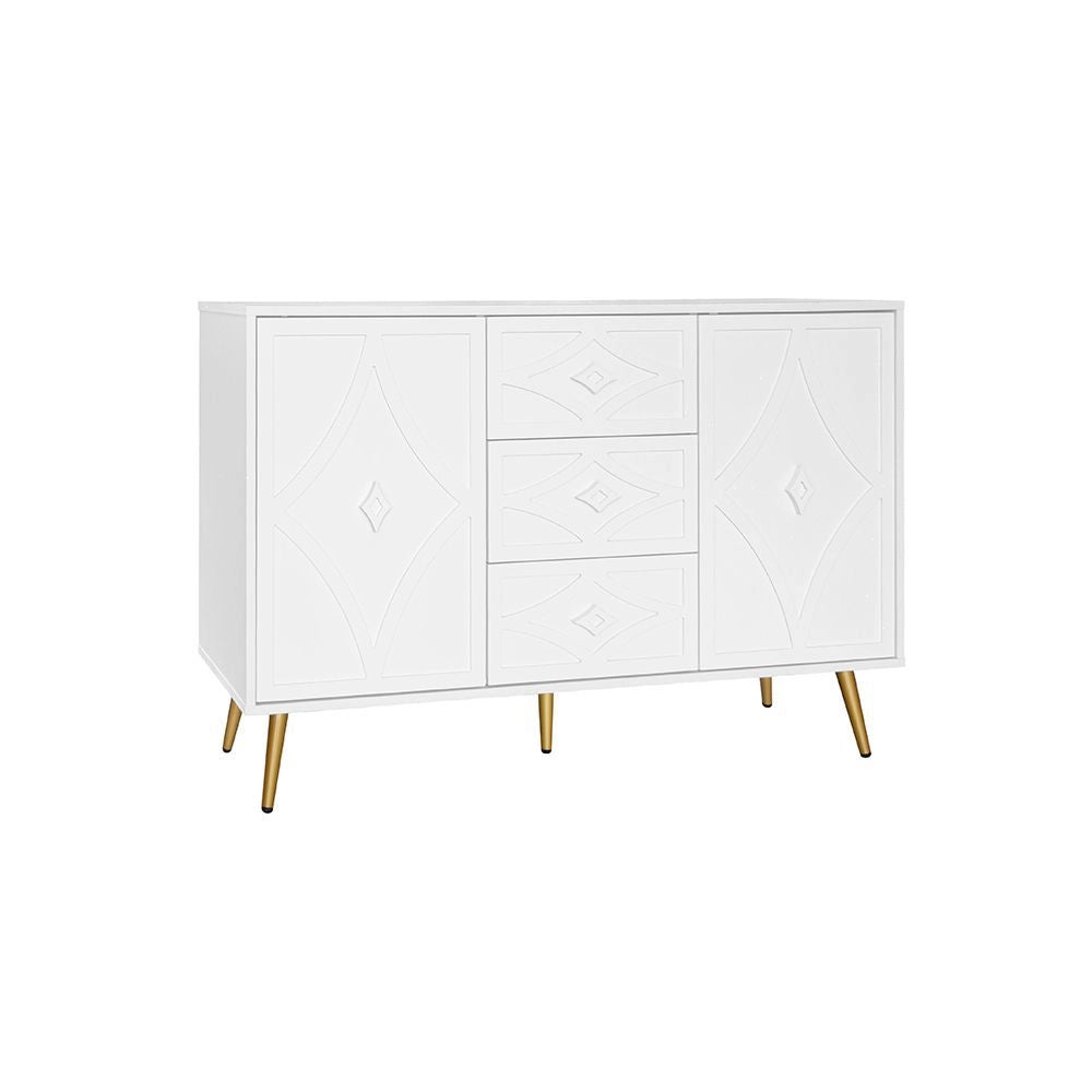Com¨° elegante con motivo a losanga - Xylo - 120¡Á40¡Á80 cm - Bianco - 3 cassetti 2 ante piedi dorati