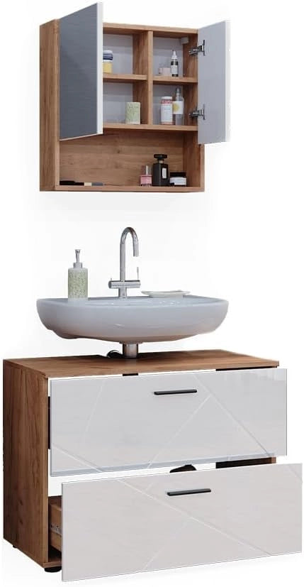 Set di mobili da bagno Irma, Bianco lucido/oro power oak, 80 cm, composto da specchio da bagno e mobile sottolavabo