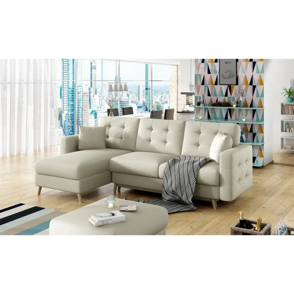 Divano angolare trasformabile HASGARD 3 posti beige 248x162 cm - con baule e piedi in legno