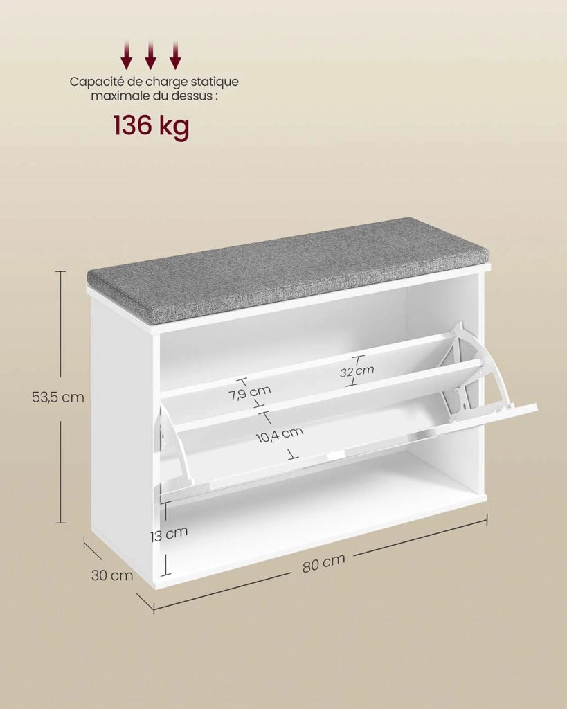 Panca portascarpe imbottita mobile da ingresso a 3 ripiani per 6 paia di scarpe cassetto a ribalta 30 x 60 x 535 cm per ingresso o camera da letto bianco 12_0008038