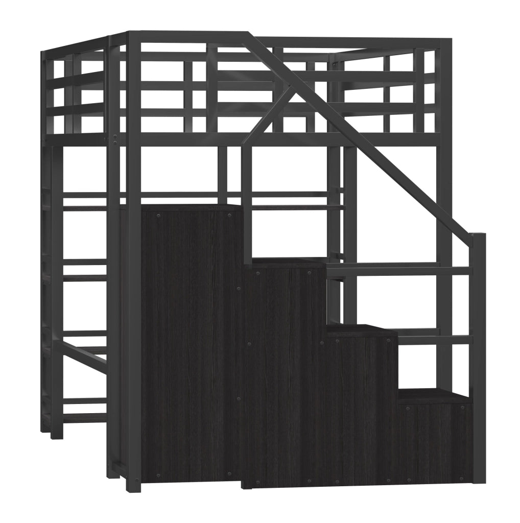 Letto a soppalco 140x200 cm con armadio; scala contenitore e LED nero HOMVRA