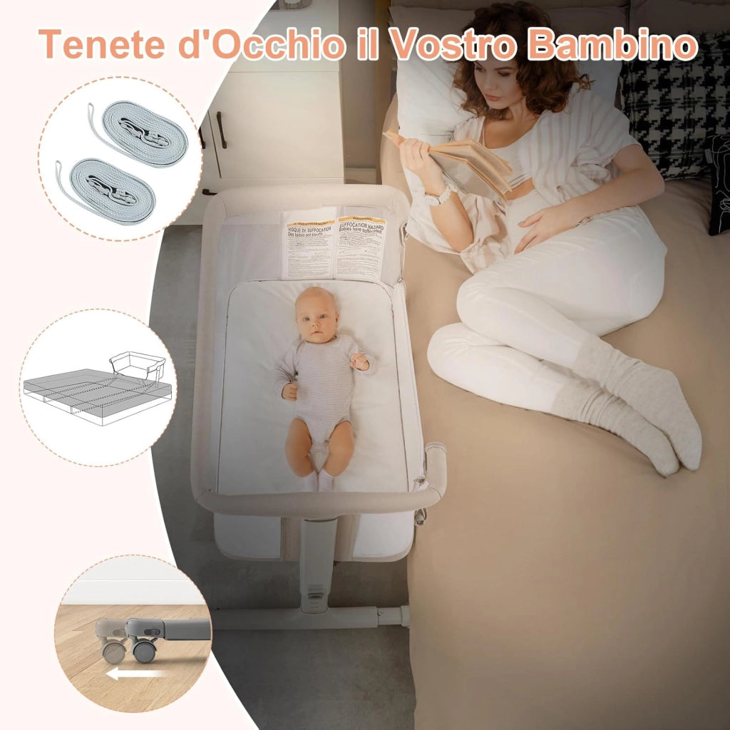 3 in 1 Culla Neonato Fianco Letto, Lettino Neonato Dondolo con Materasso, Culla Co-Sleeping Fino a 9 kg, Altezza Regolabili, 84 x 59,5 x 80,5cm (Beige)