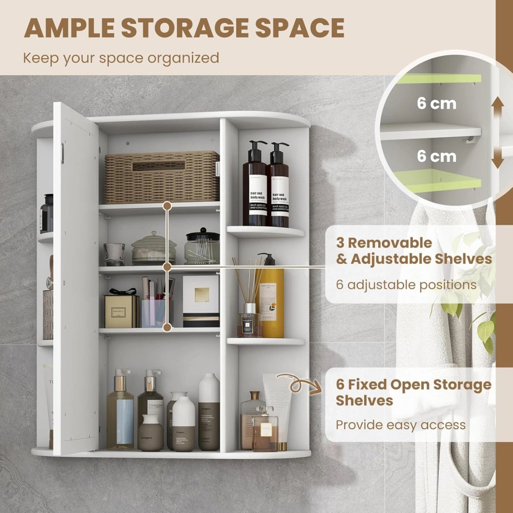 Armadietto Bagno a Parete, Mobiletto Pensile con Ante di Specchio, 6 Scomparti Laterali, 2 Colori Disponibili, 60x16,5x70 cm