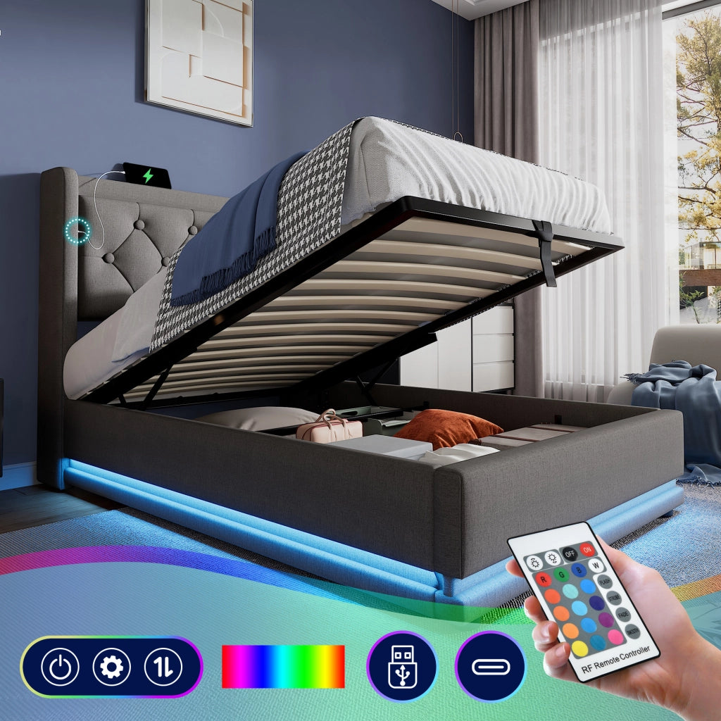 Letto Contenitore 140×200 cm; Letto Matrimoniale con USB; LED Regolabile e Mensola; senza Materasso