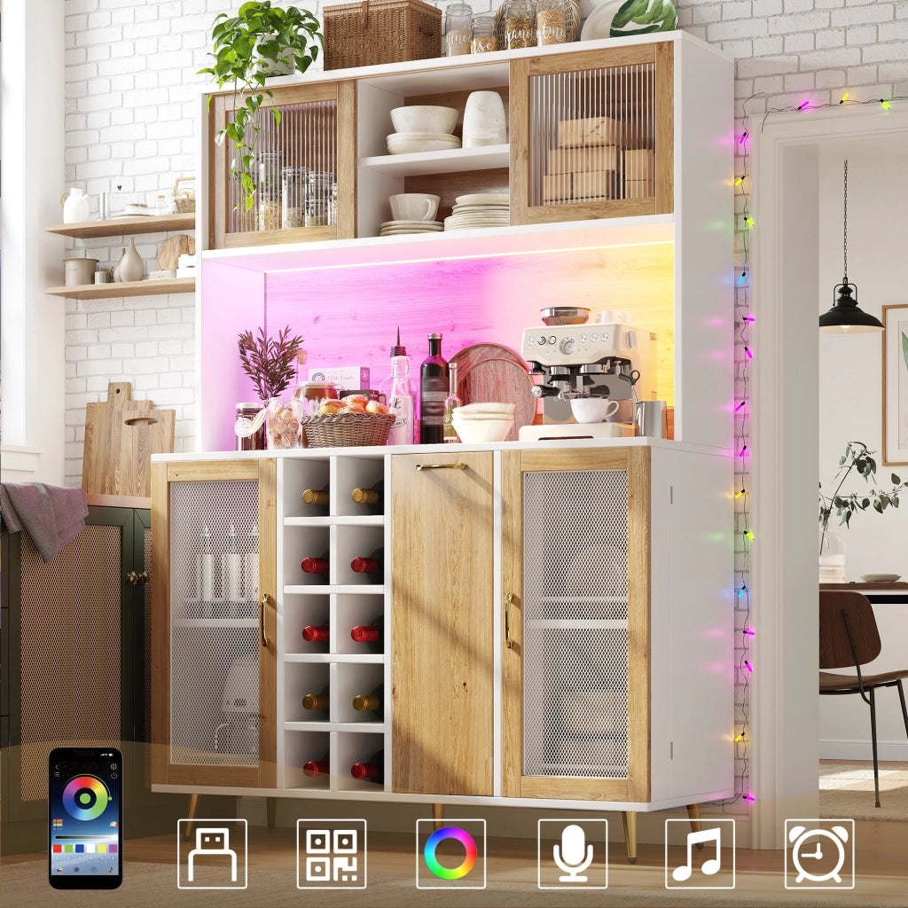 Credenza Multifunzione con LED ¨C MINIMAL ¨C Bianco con Legno, 5 Ante, 120x40x170cm