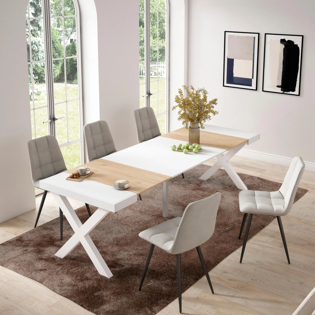Consolle allungabile, 58 fino 262x90x73cm, Per 12 persone, Gambe in legno, colore Rovere e bianco RF2814