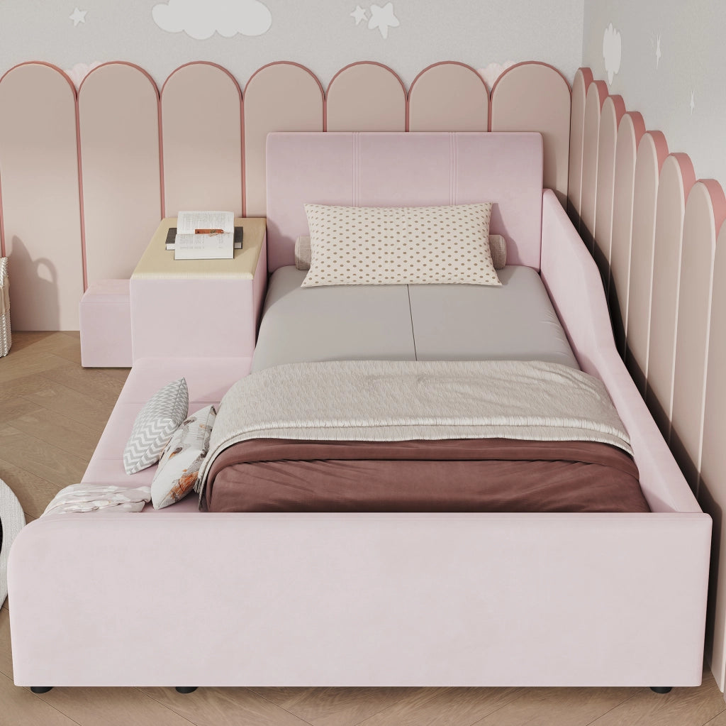 Letto imbottito 90x200 cm con scrivania; sgabello e ripiano in velluto rosa