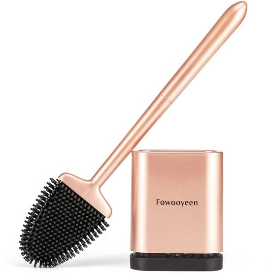 Set di spazzola per il water, spazzola per il water con supporto, spazzola per il water e contenitore, elegante insieme per la stanza da bagno e il bagno degli ospiti - da appendere in verticale o al muro senza perforare, materiale rosé d'oro.