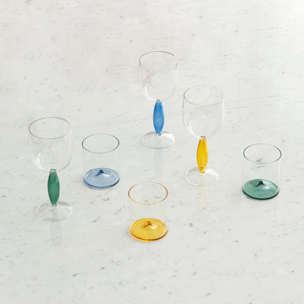 Discobolo Set 4 Tumbler in Vetro Borosilicato Soffiato a Mano, Capacità 34,5 cl, Design con Fondello Bluino per Servizio Tavola Elegante e Moderno