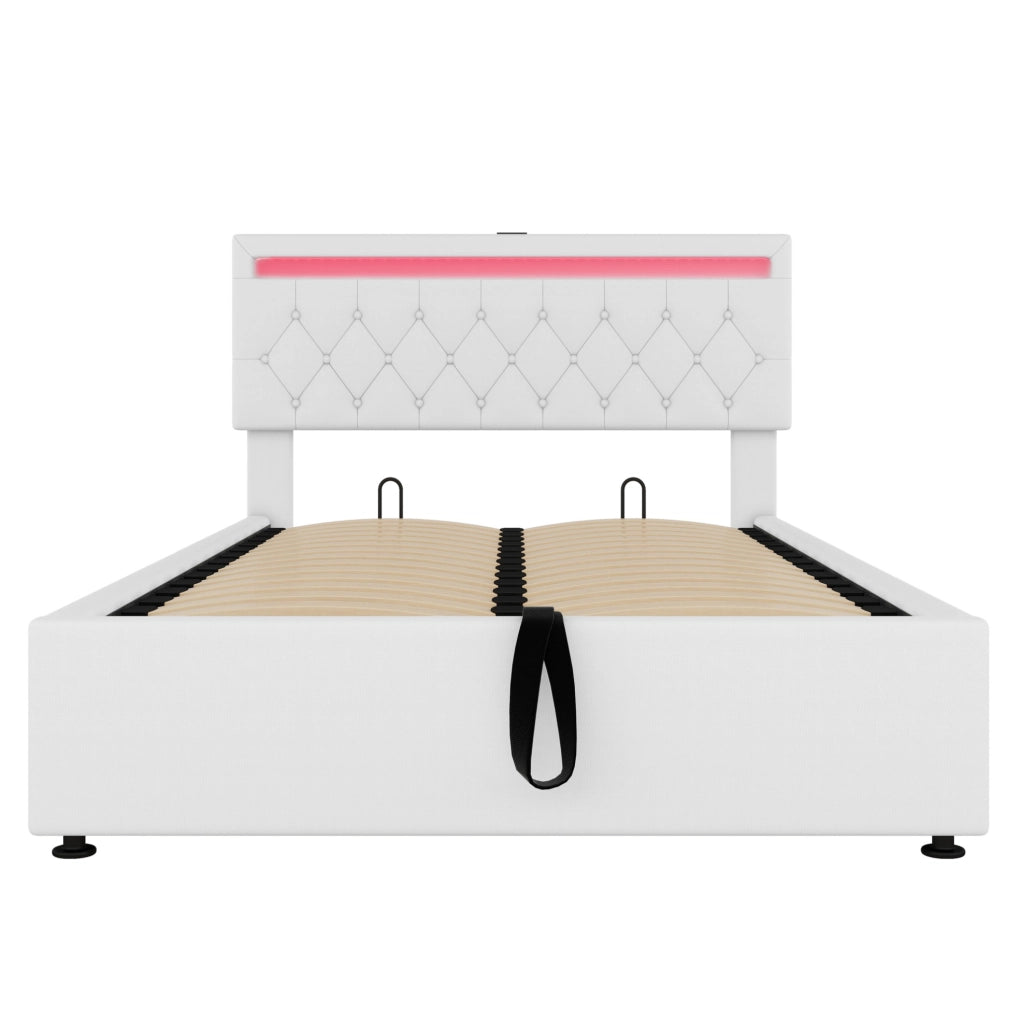 Letto imbottito 140x200 cm bianco con LED, USB-C e contenitore idraulico
