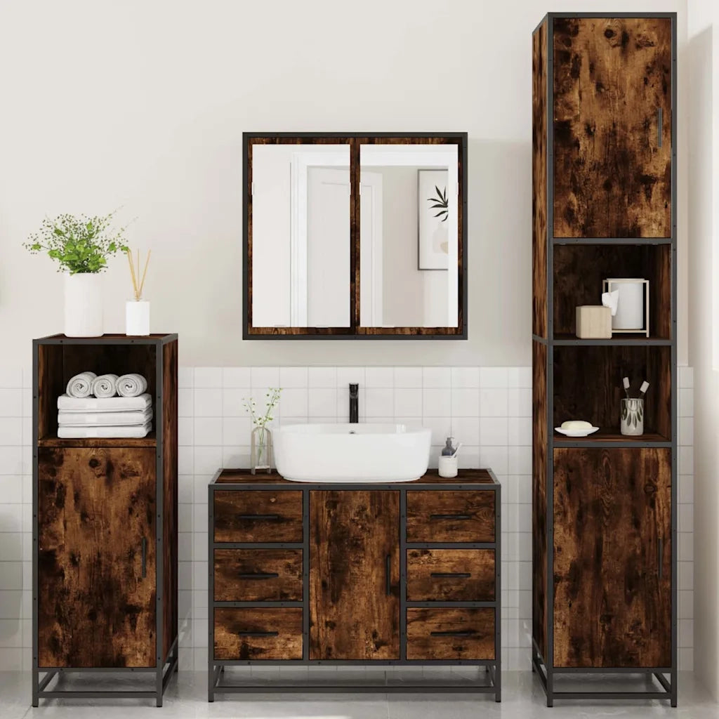 Set Mobili da Bagno 4 pz Rovere Fumo in Legno Multistrato