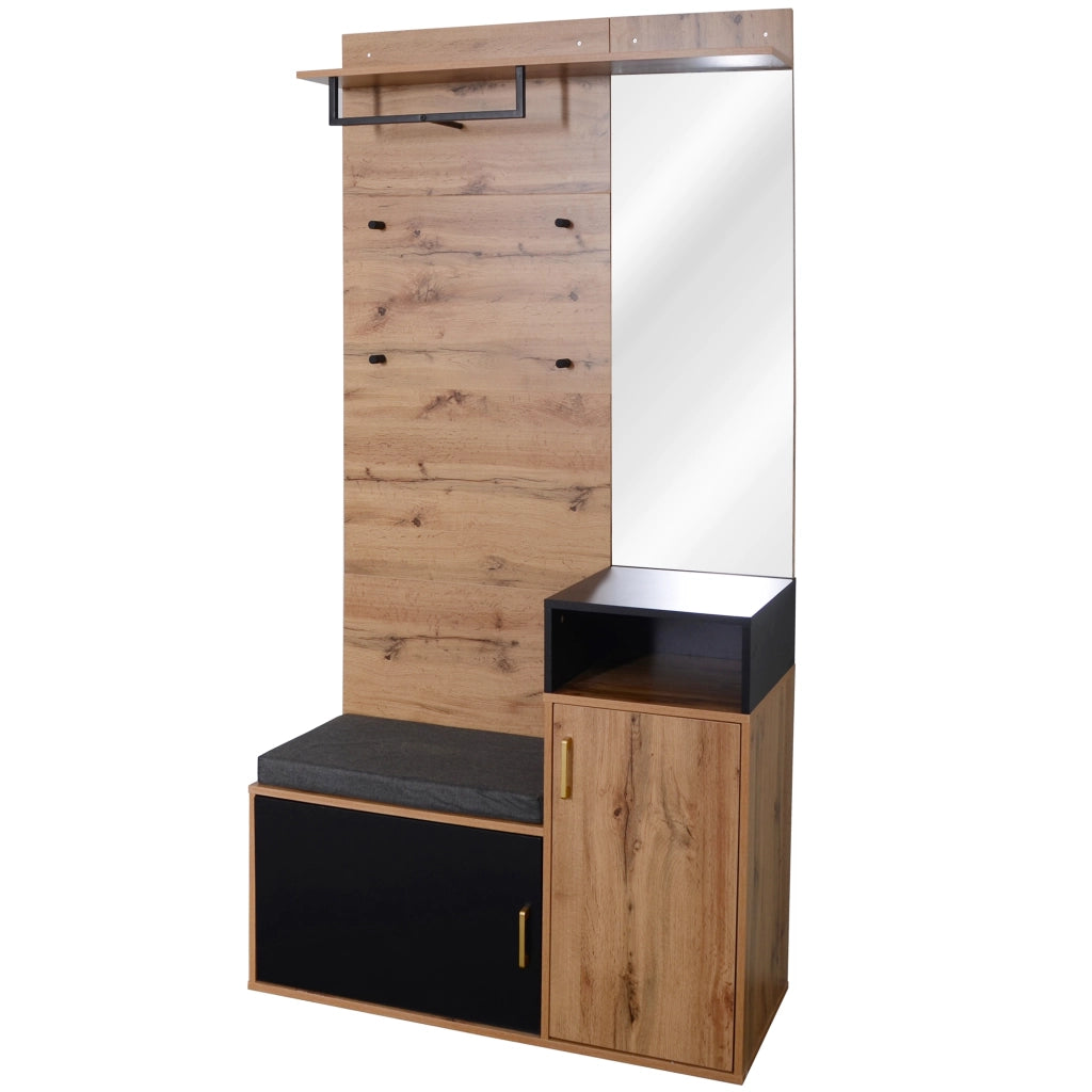 Set mobili da ingresso con specchio, panca scarpiera, appendiabiti da parete, 4 ganci, MDF nero