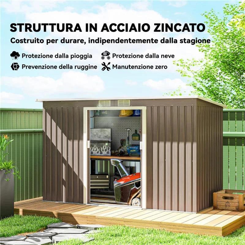 RIPOSTIGLIO DA GIARDINO IN ACCIAIO CON 2 PRESE D'ARIA E 2 PORTE SCORREVOLI, 280X130X172 CM, MARRONE LEGNO