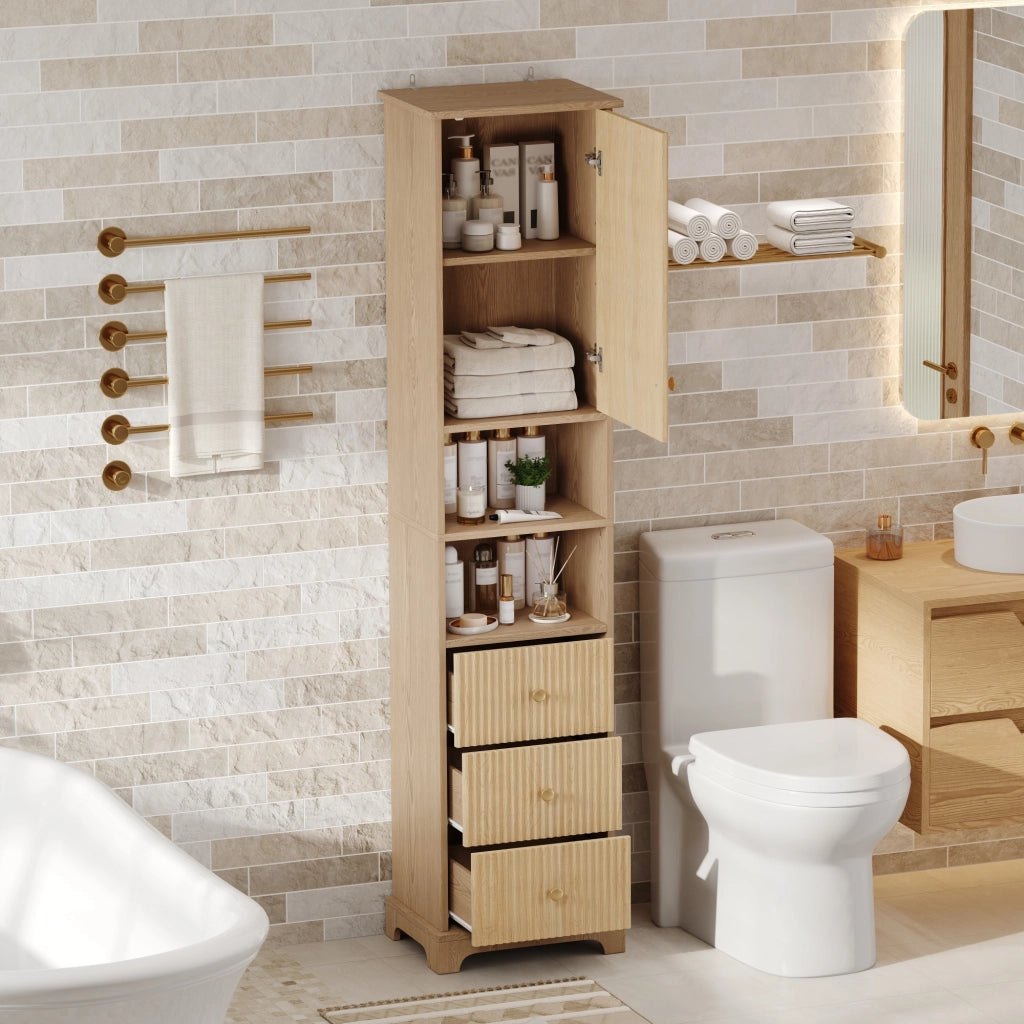 Mobiletto bagno alto 40x30x172 cm in MDF effetto legno naturale con 3 cassetti, vano a giorno e ripiano regolabile