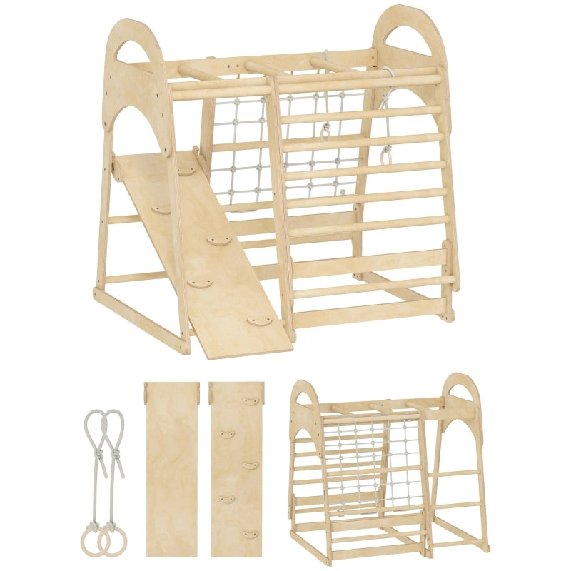 Giochi da arrampicata indoor 6 in 1 in legno naturale con scivolo, rete e barre, 3-6 anni