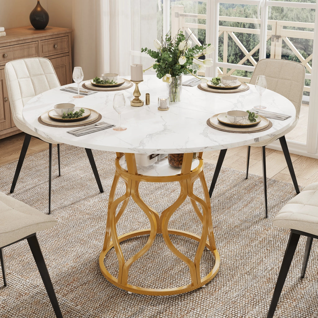 Tavolo da pranzo rotondo con ripiano, per 4-6 persone, in MDF e metallo, bianco e oro, 100 × 100 × 75 cm