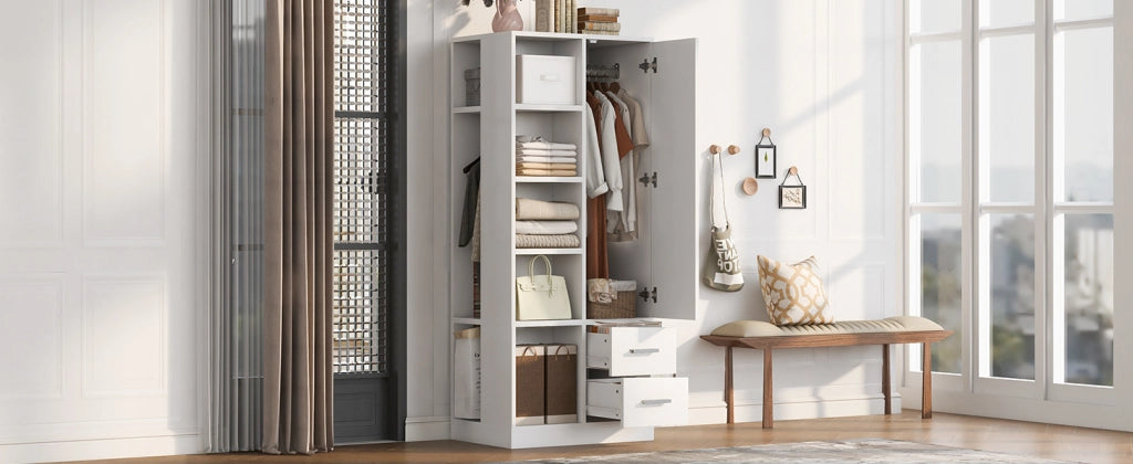 Armadio a 1 anta con cassetti e 2 barre appendiabiti; 70 × 50 × 170 cm; bianco