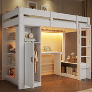 Letto a soppalco bianco 90 x 200 cm con armadio, scrivania e LED