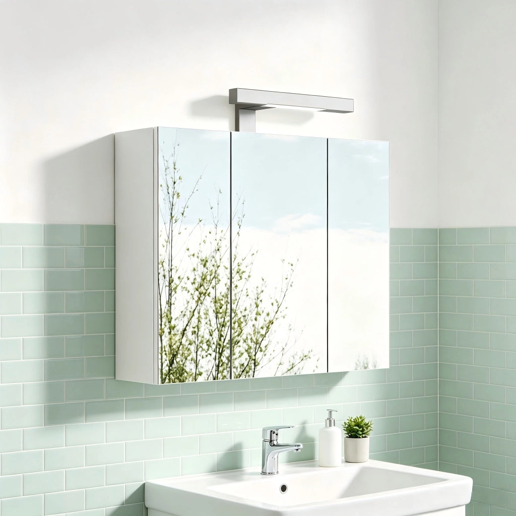 Mobiletto da bagno a parete bianco da 60 cm con specchio, 3 ante, illuminazione a LED e presa Schuko, ripiani in vetro regolabili in altezza,