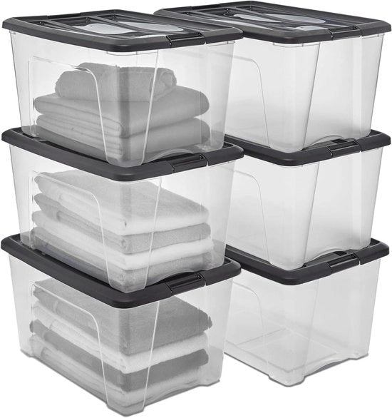 Set di contenitori di archiviazione con coperchio e clip di chiusura 45L Set da 6 Maniglie integrate Ripiegabile BPA gratuito Camera da letto Ufficio Sala da pranzo NTB-45 Nero