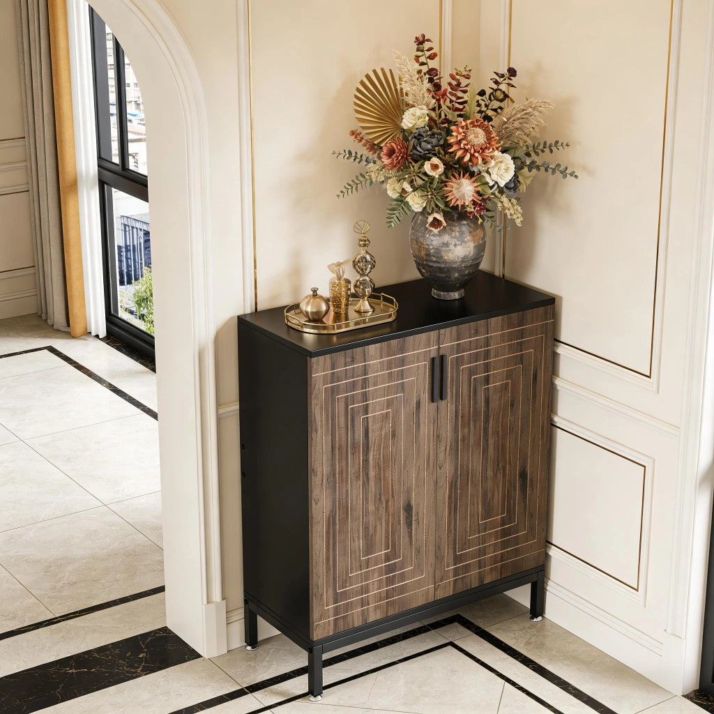 Scarpiera con 2 ante e 5 ripiani, motivo geometrico, per ingresso, in MDF e metallo, nero, 80 × 38 × 95 cm