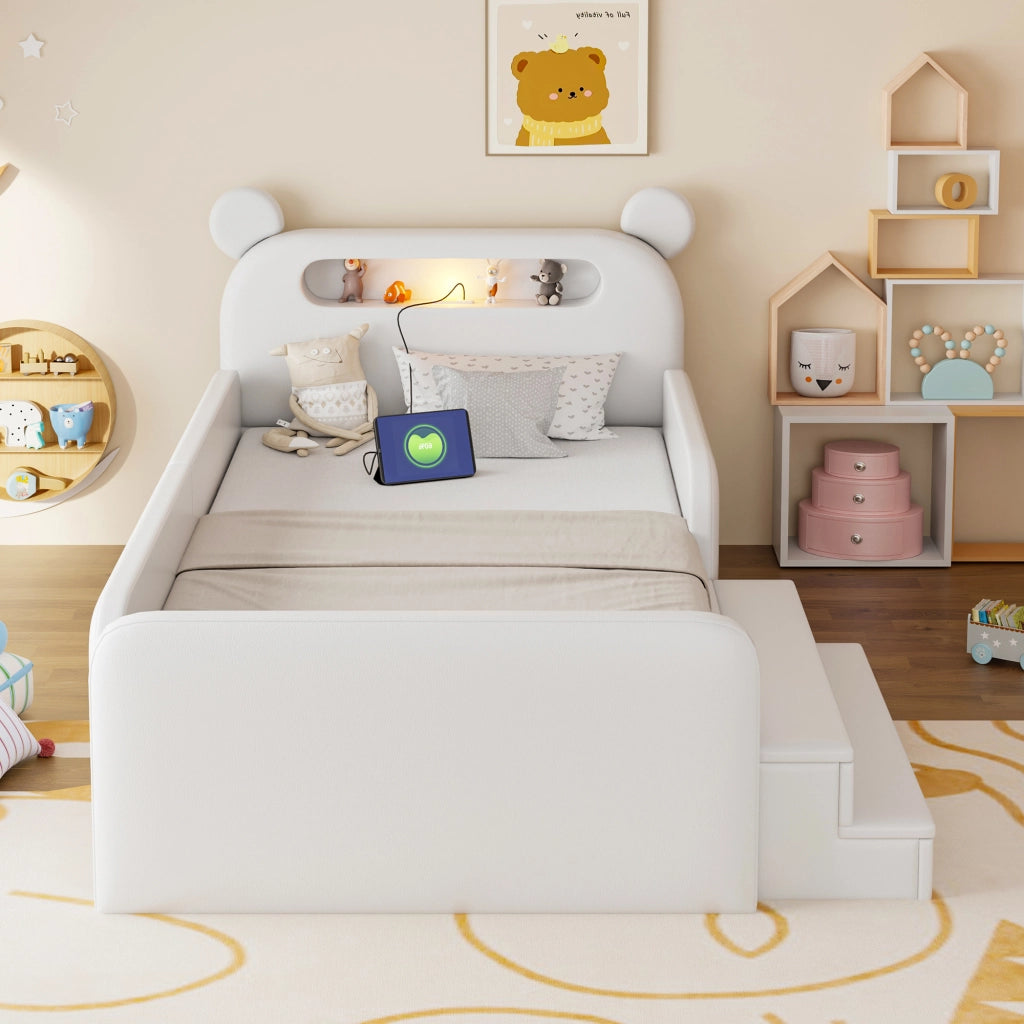 Letto per bambini 90 × 200 cm con contenitore, luce notturna USB e sponde, senza materasso, bianco