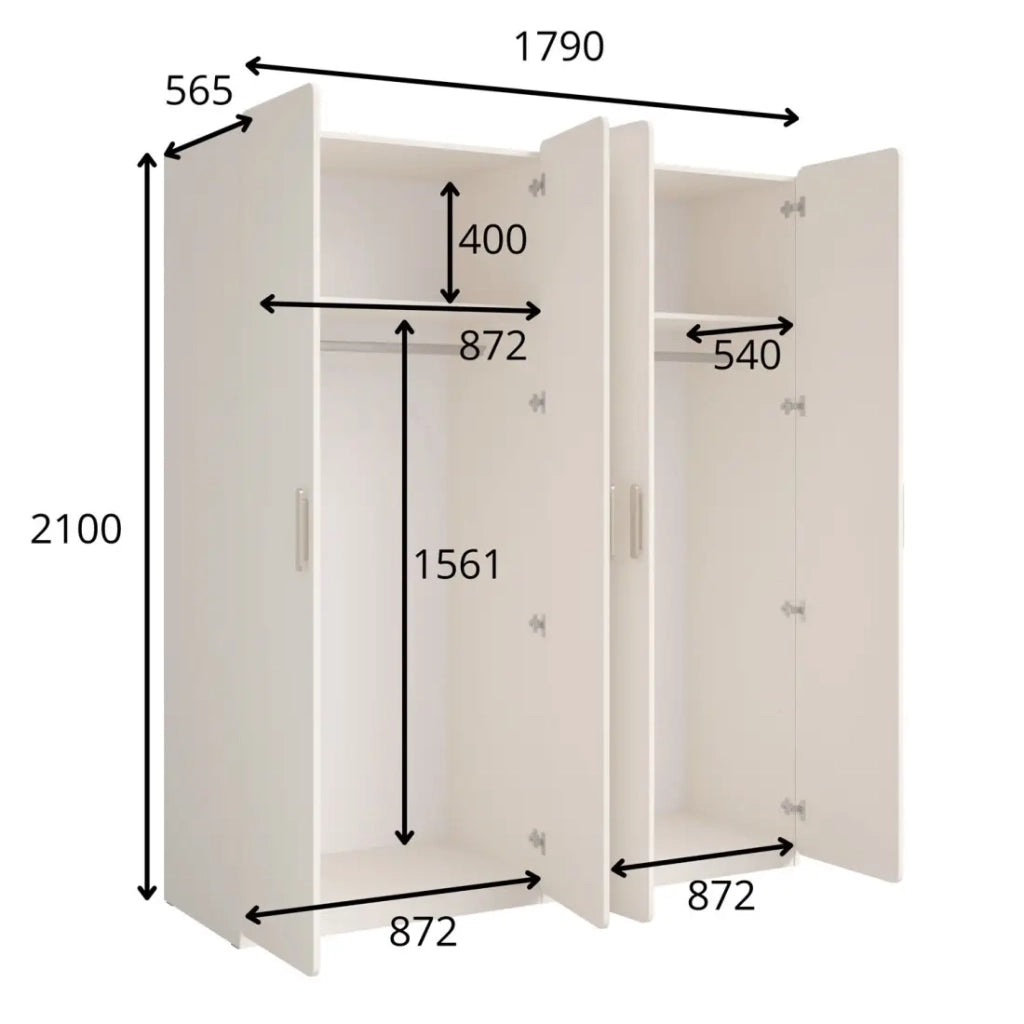 Armadio 4 porte AMALIE 179x210x57 cm – Colore beige sabbia – Con 3 ripiani aggiuntivi