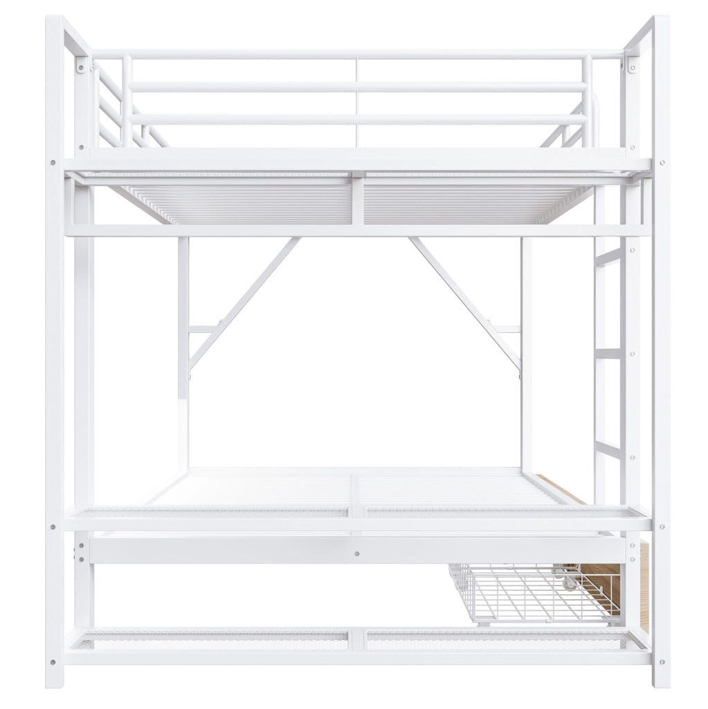 Letto a castello 140x200 cm in metallo e MDF bianco con LED; 2 cassetti e ripiani