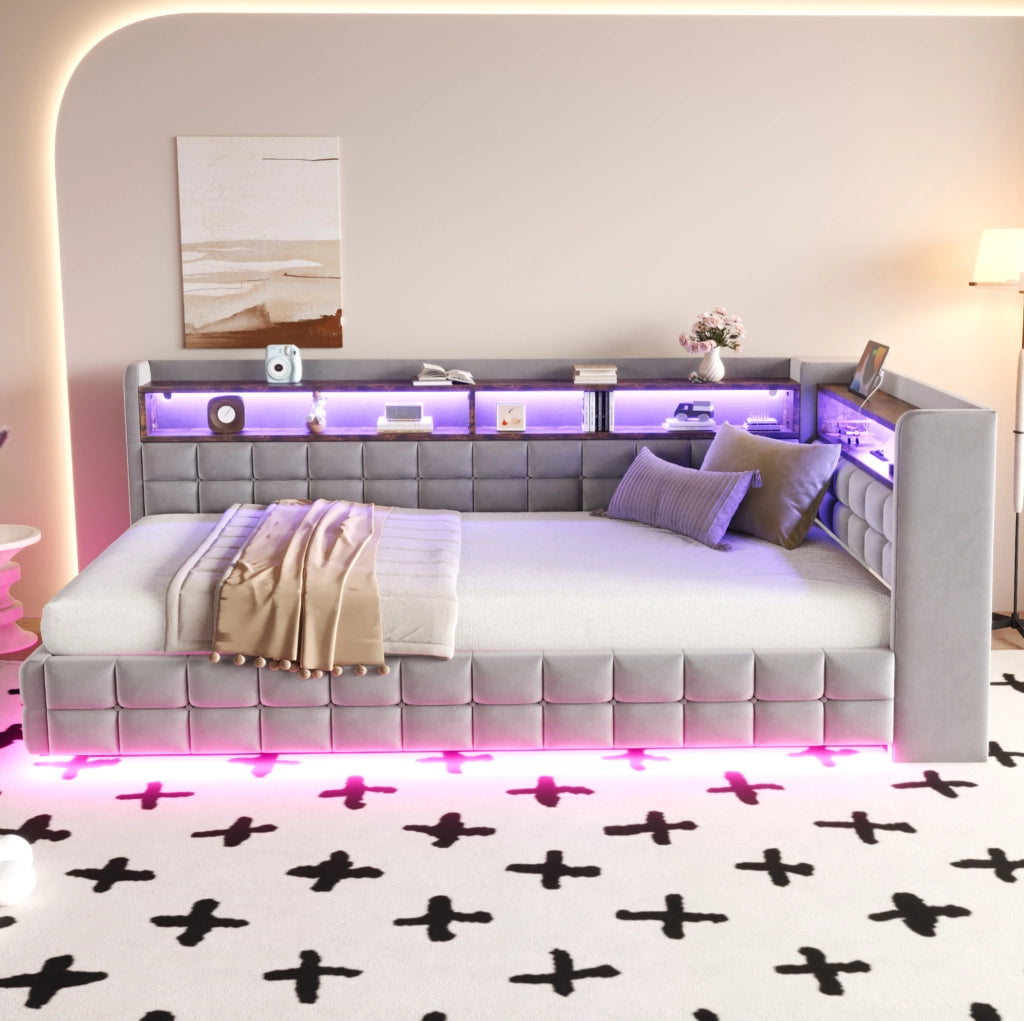 Divano letto imbottito 90x200 cm con contenitore idraulico; LED; USB; presa e mensole in legno; grigio chiaro