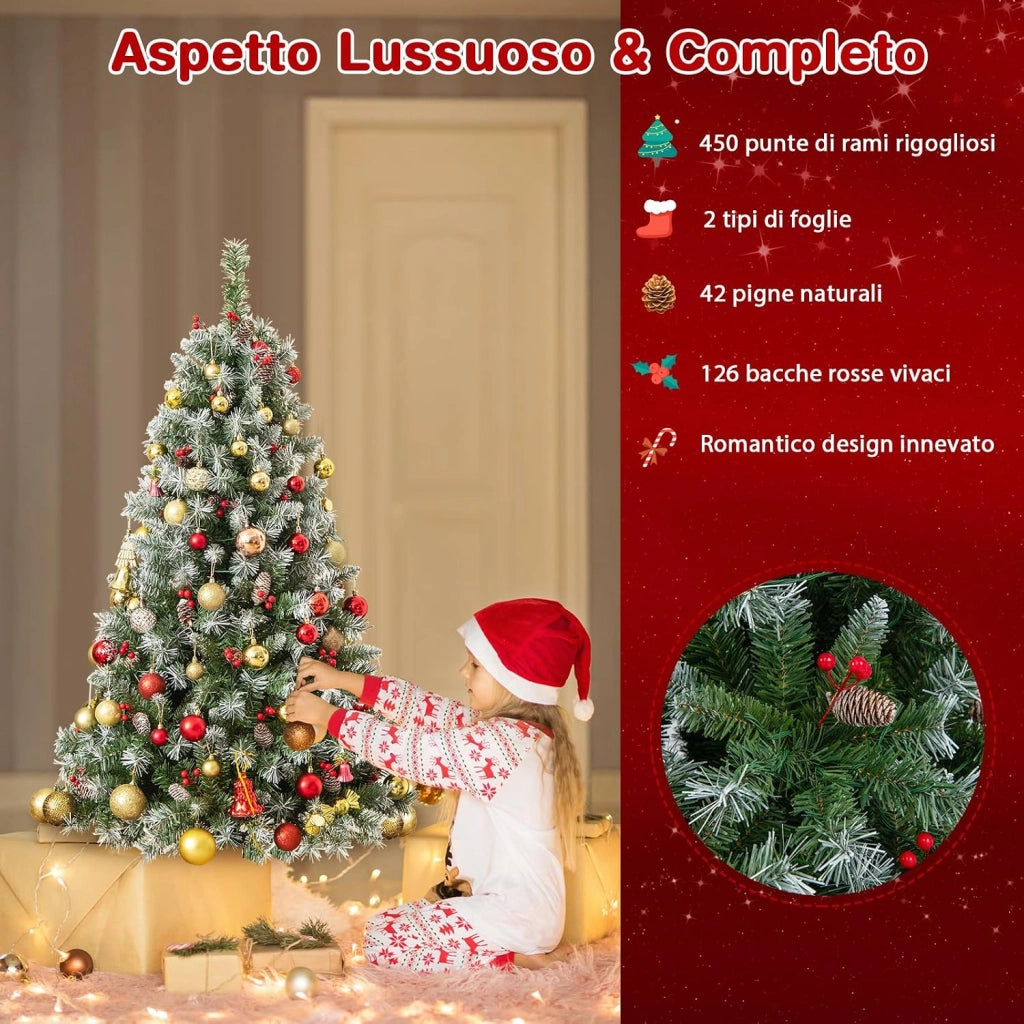 Albero di Natale Pre-Illuminato 150 cm, Albero di Natale con 200 Luci LED Bianche Calde, 8 Modalità di Illuminazione, 450 Punte di Ramo, Bacche Rosse e Pigne (150 cm)