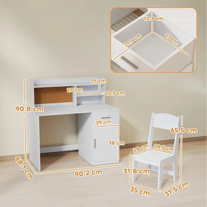 SCRIVANIA PER BAMBINI CON SCAFFALI, ARMADIETTO, CASSETTO E SEDIA PER BAMBINI ABBINATA IN MDF BIANCO