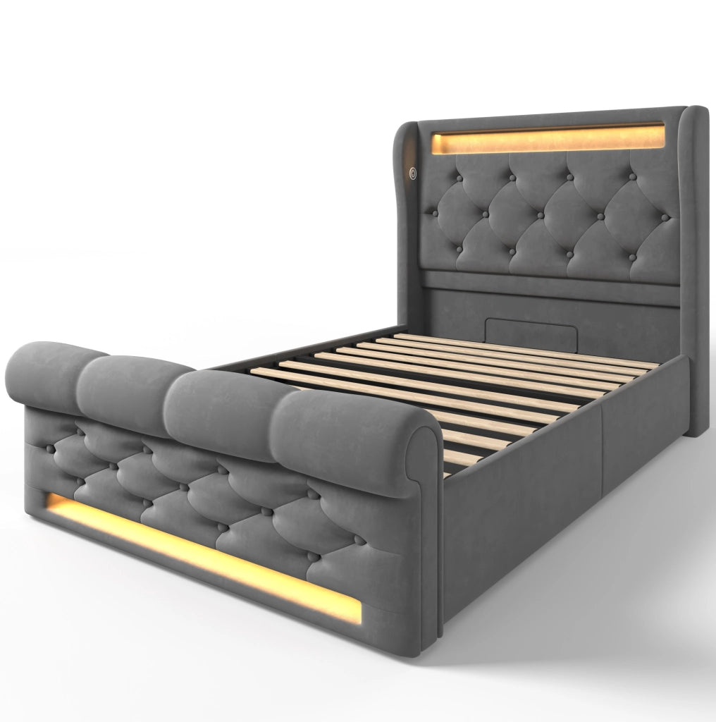 Letto contenitore imbottito ULEVR 90x200 cm con LED, USB e Type-C, rivestimento in velluto grigio