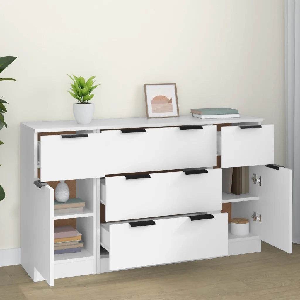 Set di Credenze 3 pz | Madia | Buffet da pranzo | Armadio da pranzo in Legno Multistrato Bianco
