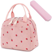Borsa di Cibo Portatile Aardbei - Isolata - Borsa di Cibo Portatile - Rosa - Tessuto Corduroy - 26 x 19 x 18 cm - Scatola per Picnic